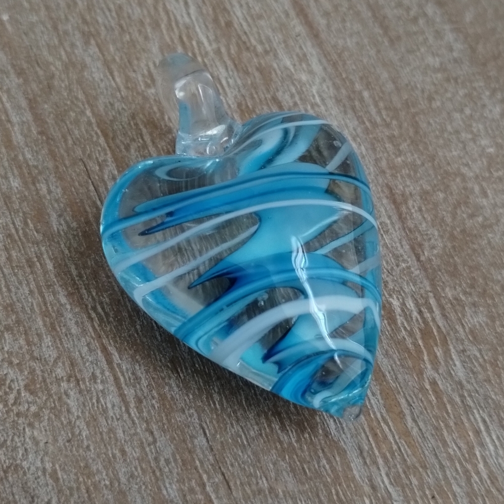 Hand Blown Glass Heart Pendant Blue Swirls 1.5" - Picture 4 of 7